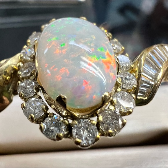 14k Yellow Gold Opal & Diamond Bangle Bracelet - Picture 8 of 12